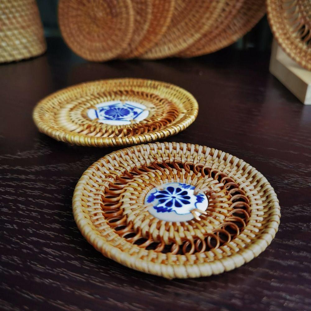Rattan Weaving Teacup Mat Handmade Drink Cup Mat Vietnamese Rattan Ceramic Coaster  Bar