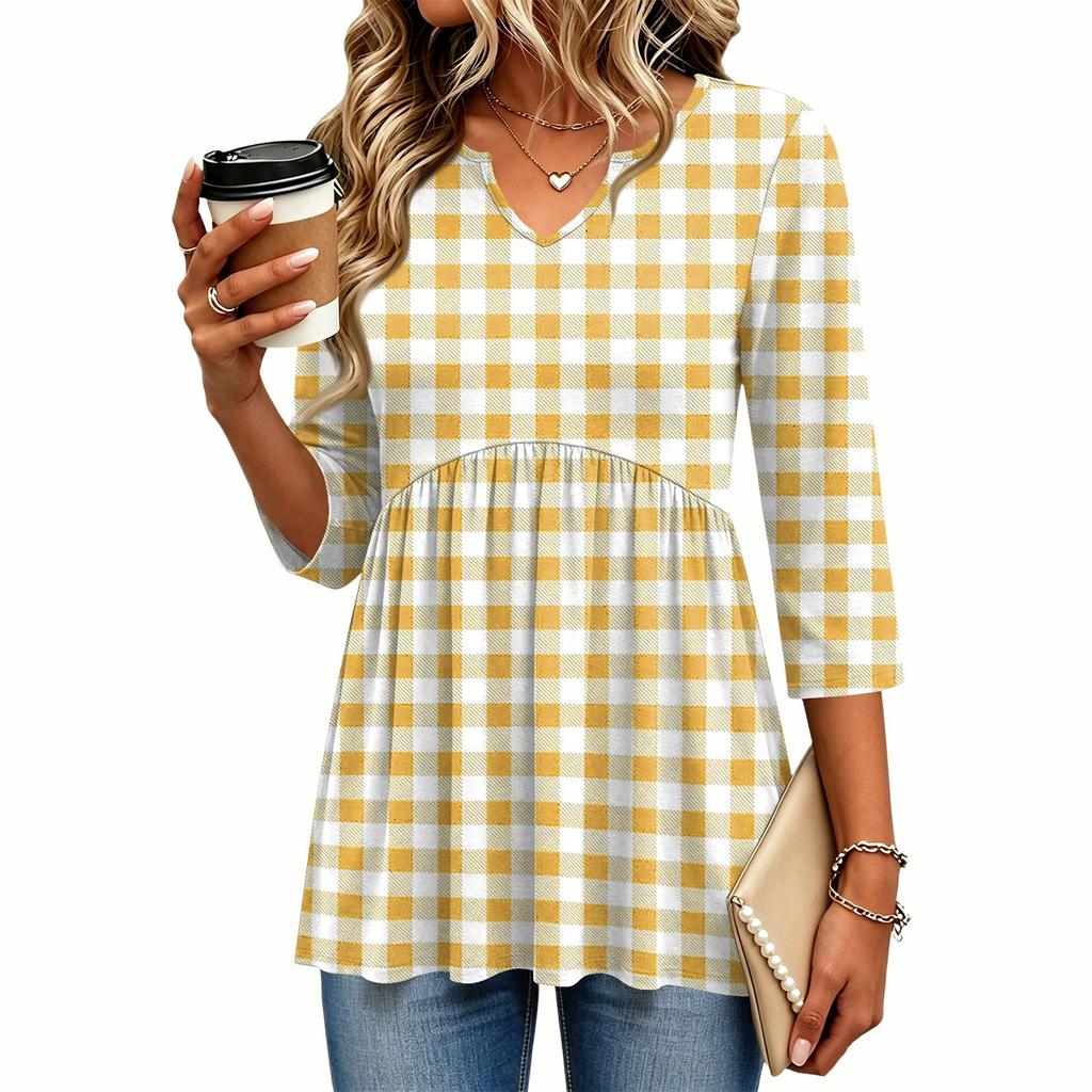 Women's Casual Floral Print V-Neck Three-Quarter Sleeve Blouse for Spring and Summer