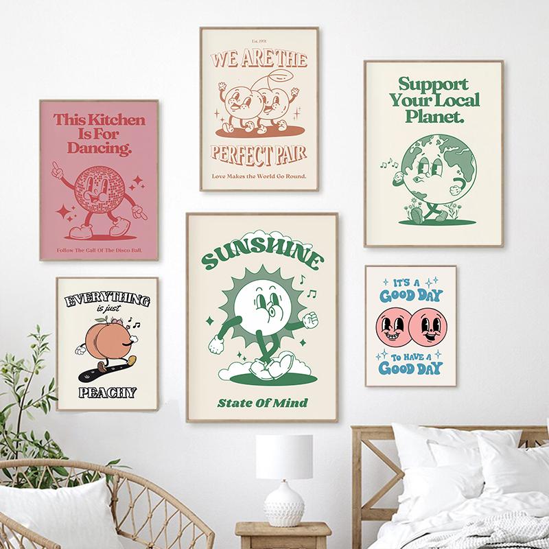 Retro Sun Poster Coffee Fruit Sunshine Canvas Painting Cartoon Positive Quotes Room Aesthetic Wall Art Picture for Home Decor