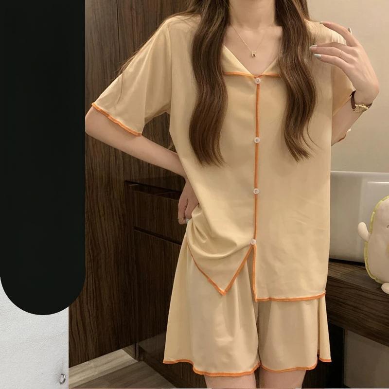 2-teiliges/Set Damen Kurzarm-Pyjama Damenanzug Koreanischer Cardigan Reversknöpfe Lässig Eis-Seide Homewear Mädchenkleidung