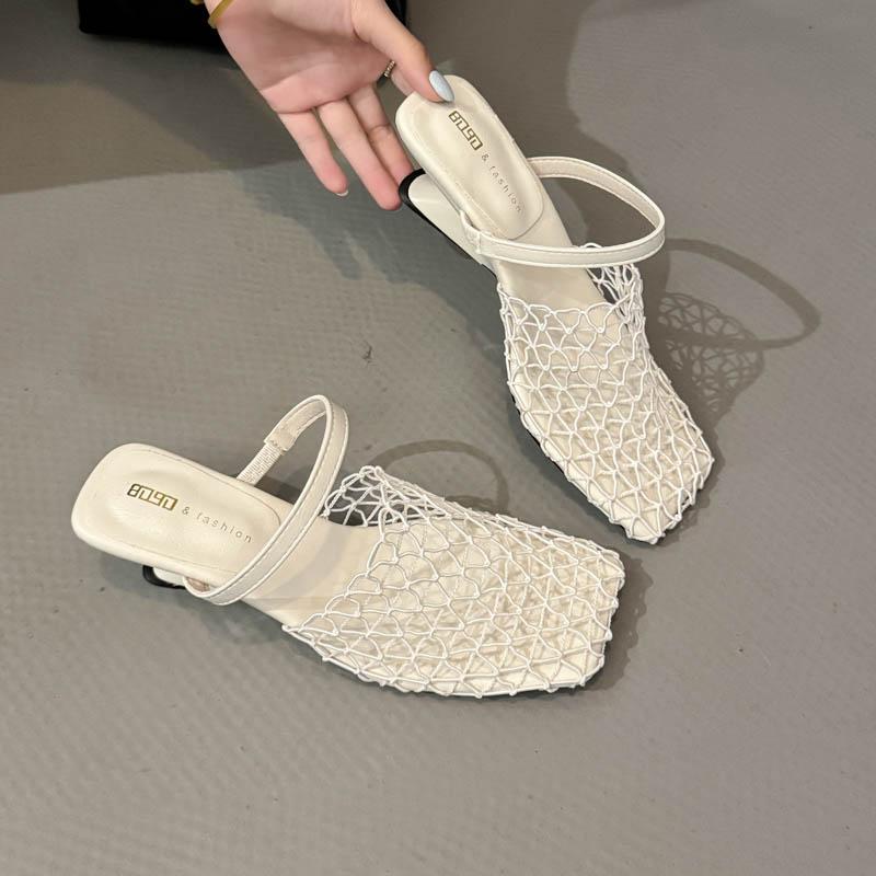 New Popular Summer Slippers Sandals Party Shoes for Women Strange Style Square Toe Shallow Narrow Band Weaving Slip-On