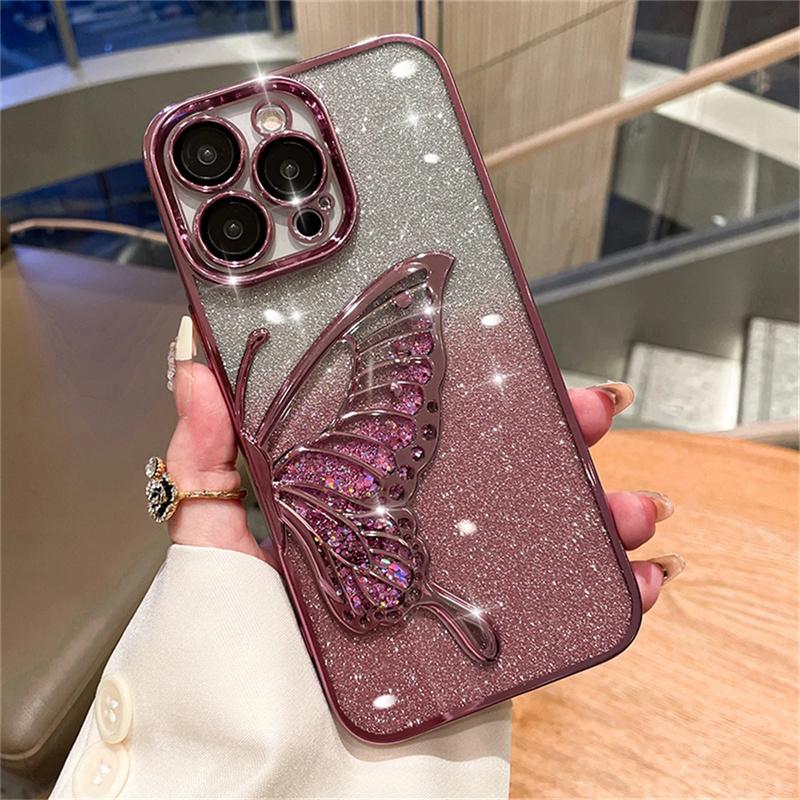 Bling Glitter Cute 3D Butterfly Flowing Quicksand Case For iPhone 16 15 11 12 13 14 Pro Max Gradient Color Soft Plating Cover