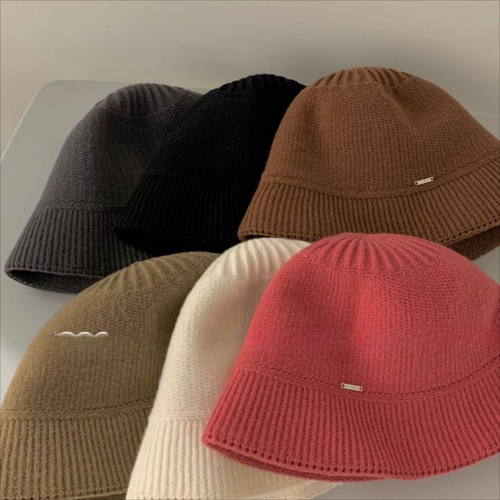 Autumn and Winter Women's Small Metal Letter Mark Warm Woolen Hat Ear Protection Knitted Hat Fashionable Small Basin Hat