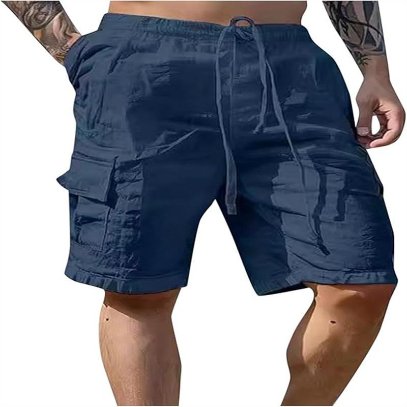 Sommer Herren Einfarbig Kordelzug Baumwolle und Leinen Mehrfach-Taschen Werkzeug Locker Outdoor Atmungsaktiv Shorts
