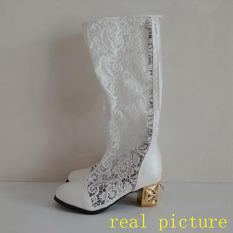 Spring Summer Boots Shoes Women Med Heels Knee Flower Lace Female Mujer Zipper Glitter Sexy White BiG Size 43 44 4546