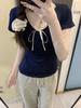 French-Inspired Two-Piece Lace Short-Sleeve Slimming T-Shirt for Women