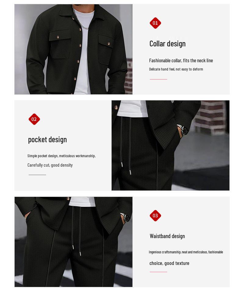 Completo casual da uomo autunnale europeo con giacca a maniche lunghe a nido d'ape e pantaloni