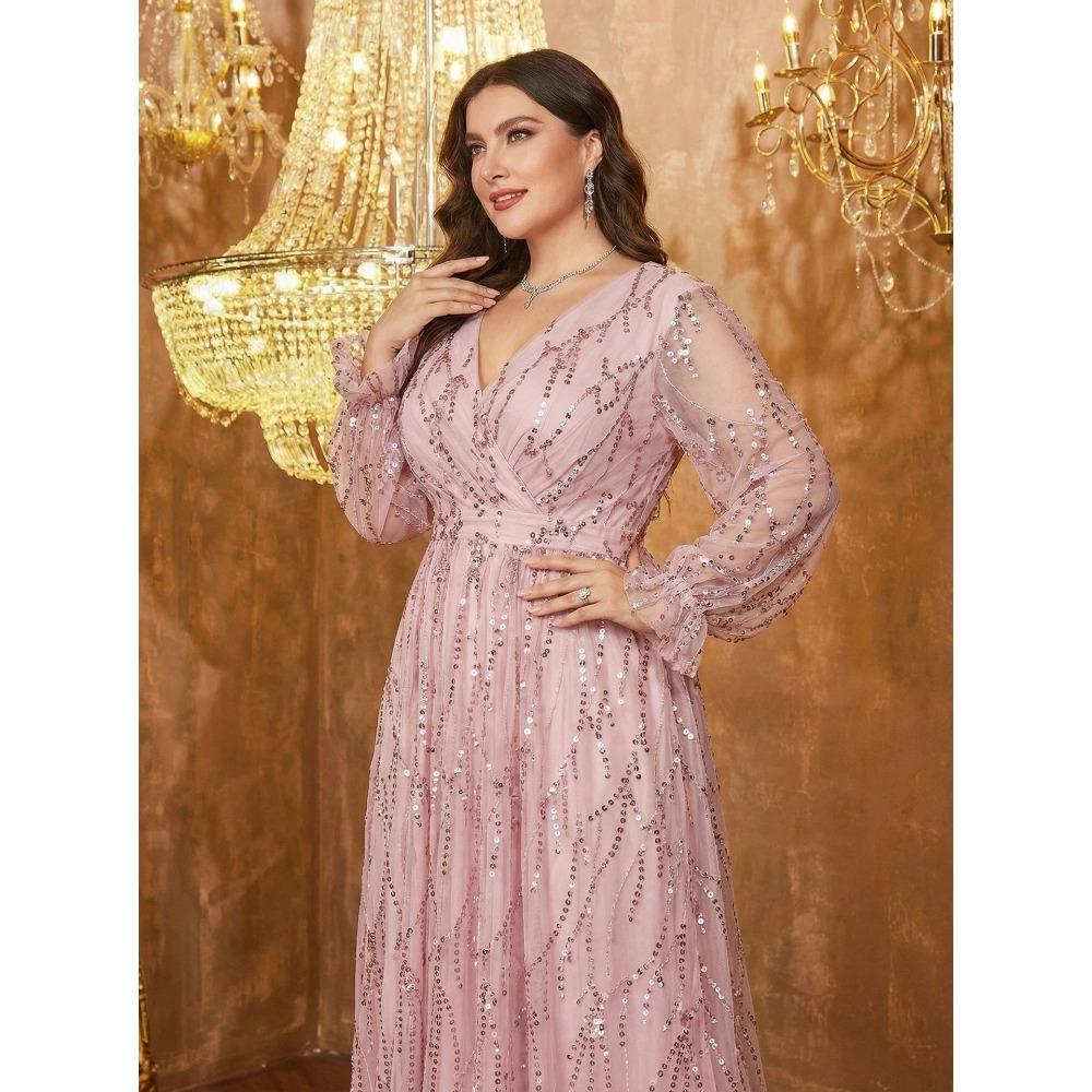 Plus Size Womens Elegant Sequined Bridesmaid Dress V-Neck Long Sleeve Slit Fitted Temperament Wedding Party Dress