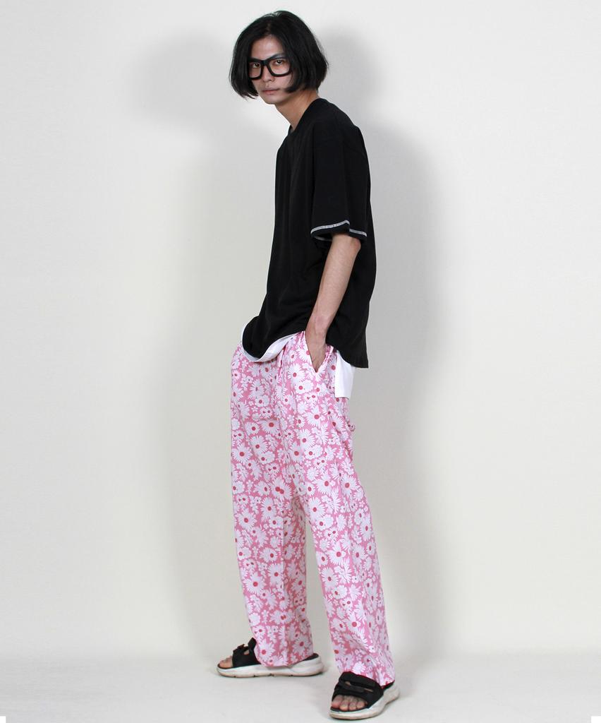 Deumakeu Flower Semi-Wide One-Pleat Pants Hot Red