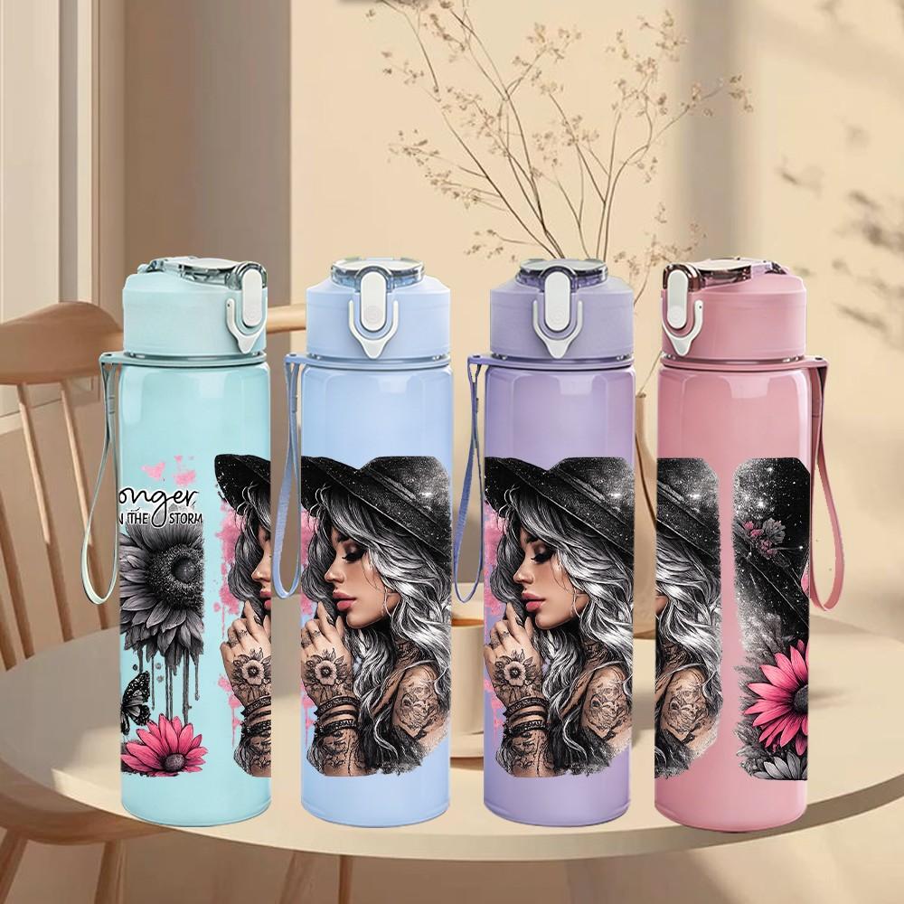 1PC Two Woman Dark Portrait Print 750ml Color Plastic Sports Water Bottle Leakproof Flip Straw Lid Suitable for Sports Office Home Use