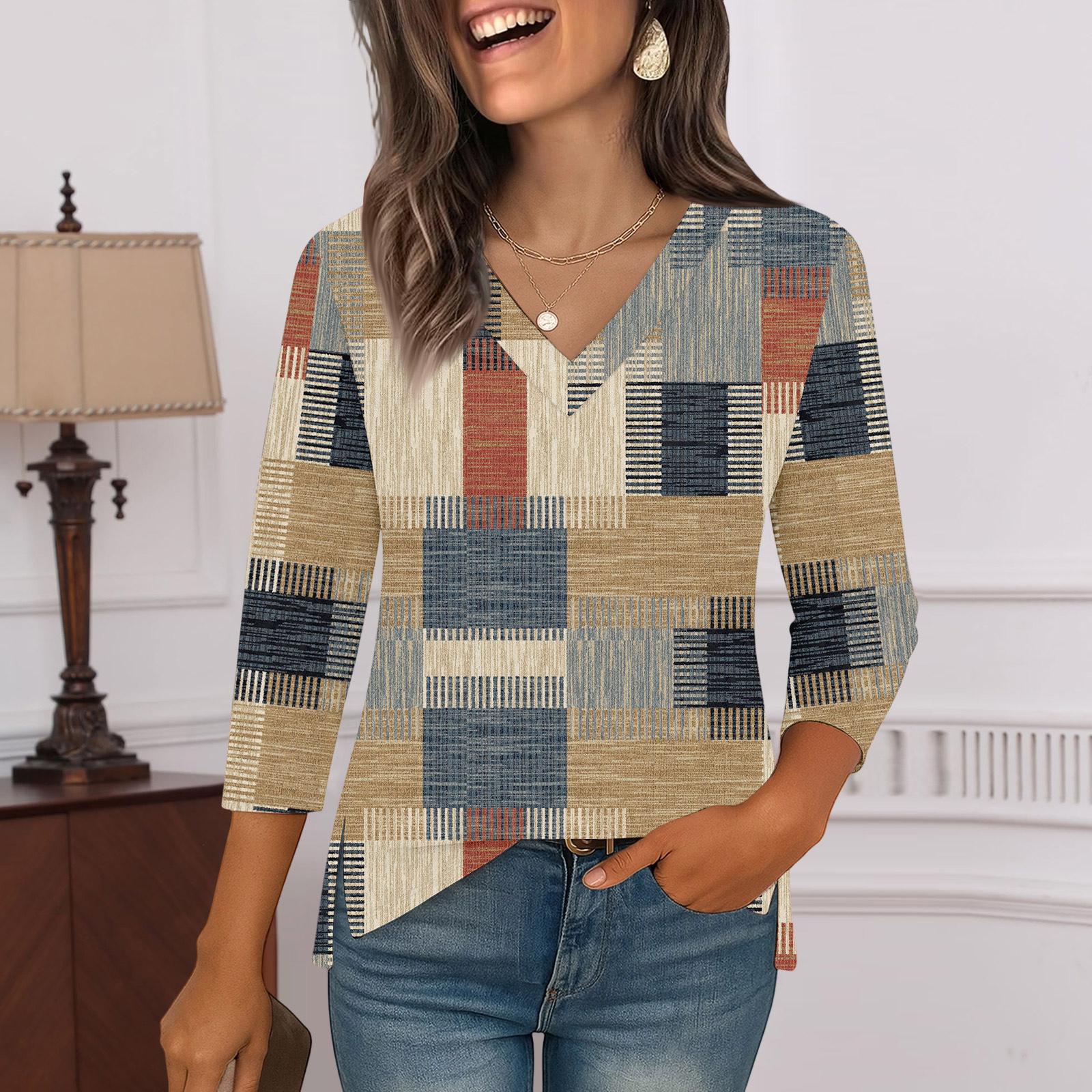 

3/4 Sleeve Shirts For Women Print Graphic Tees Blouses Casual Plus Size Basic Tops Pullover XL жёлтый