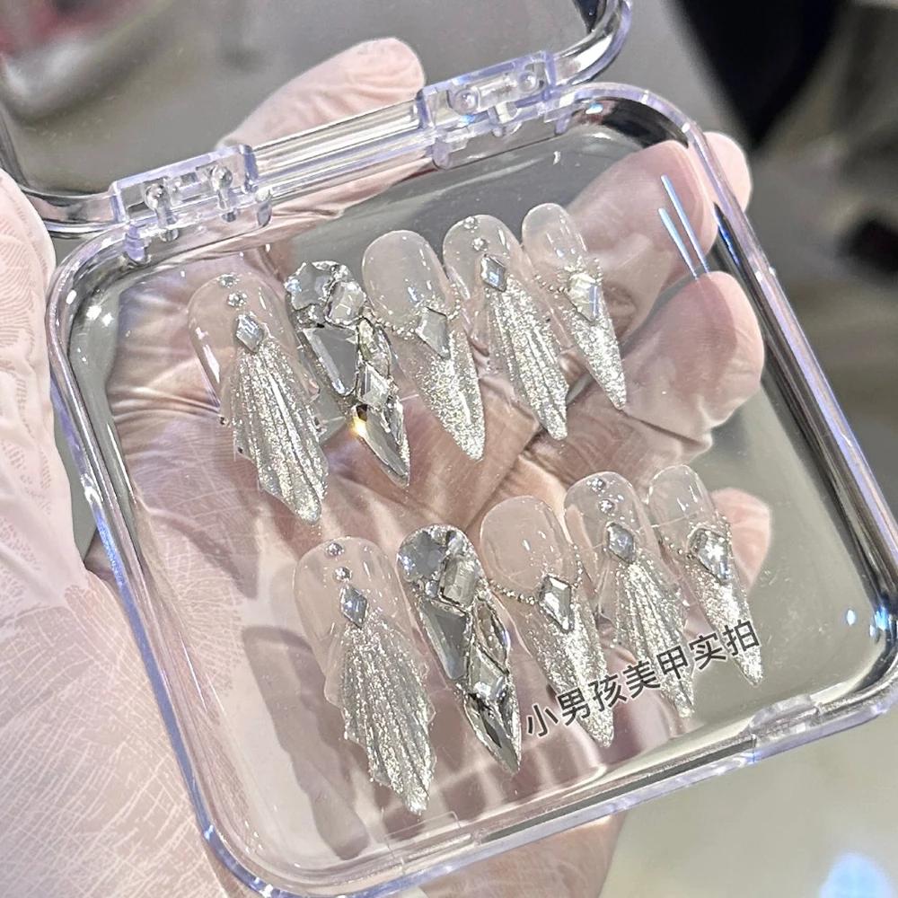 10τμχ Πολυτελή 3D Στρας Χειροποίητα Διαφανή Πιεστά Νύχια Λαμπερά Μακριά Νύχια Φέρετρο Επαναχρησιμοποιούμενα Πλήρης Κάλυψη Τέχνη Νυχιών Δώρο