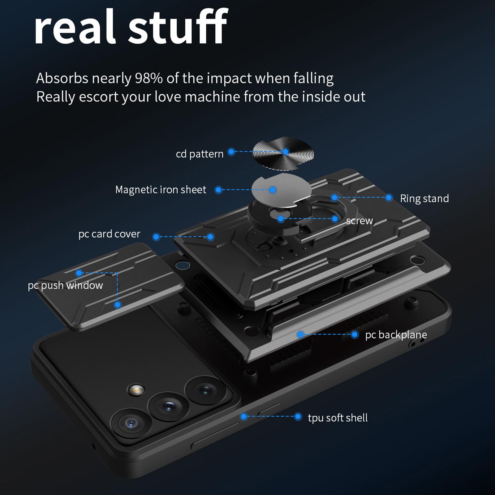 

For Samsung Galaxy A54 5G Card Holder Design Ring Kickstand Shockproof Phone Case PC+TPU Hybrid Phone Protector with Slide Camera Cover Black