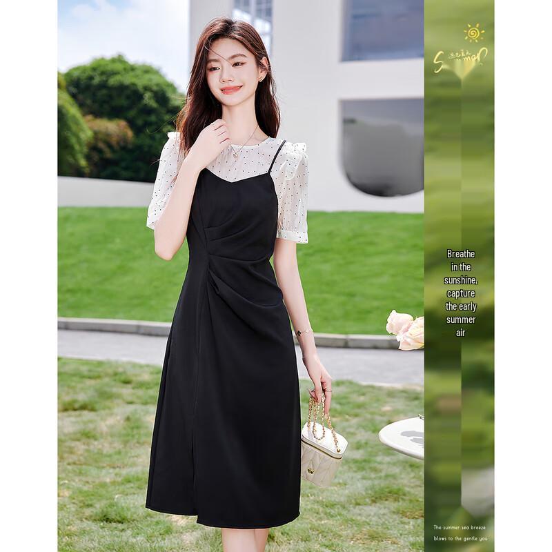 

Women s 2025 New French Style Patchwork Short Sleeve A-Line Dress L