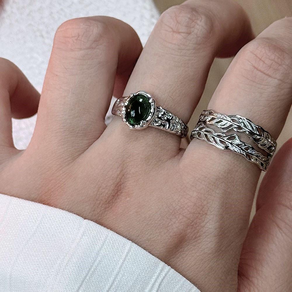 Women's Ethnic Feather Texture Ring - Green Agate, Niche Chinese National Style, Fashionable and Unique Design