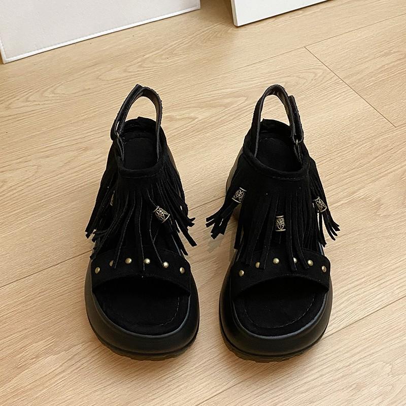 

Fashion Platform Retro Rivet Sandals Women s 2025 Summer New Casual Wind Versatile Heightening Sandals 40 чёрный