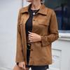 Women's Fashion- Solid Color Single-breasted Lapel Faux Deerskin Velvet Long-Sleeved Pocket Shirt Jacket