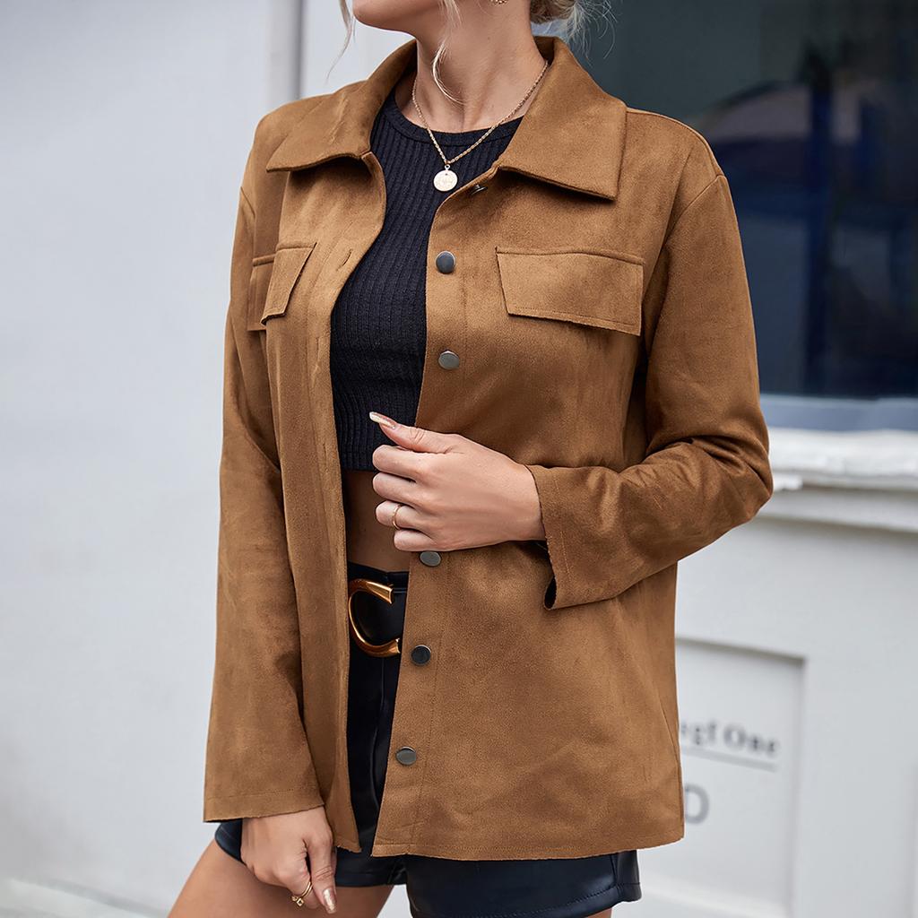 Women's Fashion- Solid Color Single-breasted Lapel Faux Deerskin Velvet Long-Sleeved Pocket Shirt Jacket