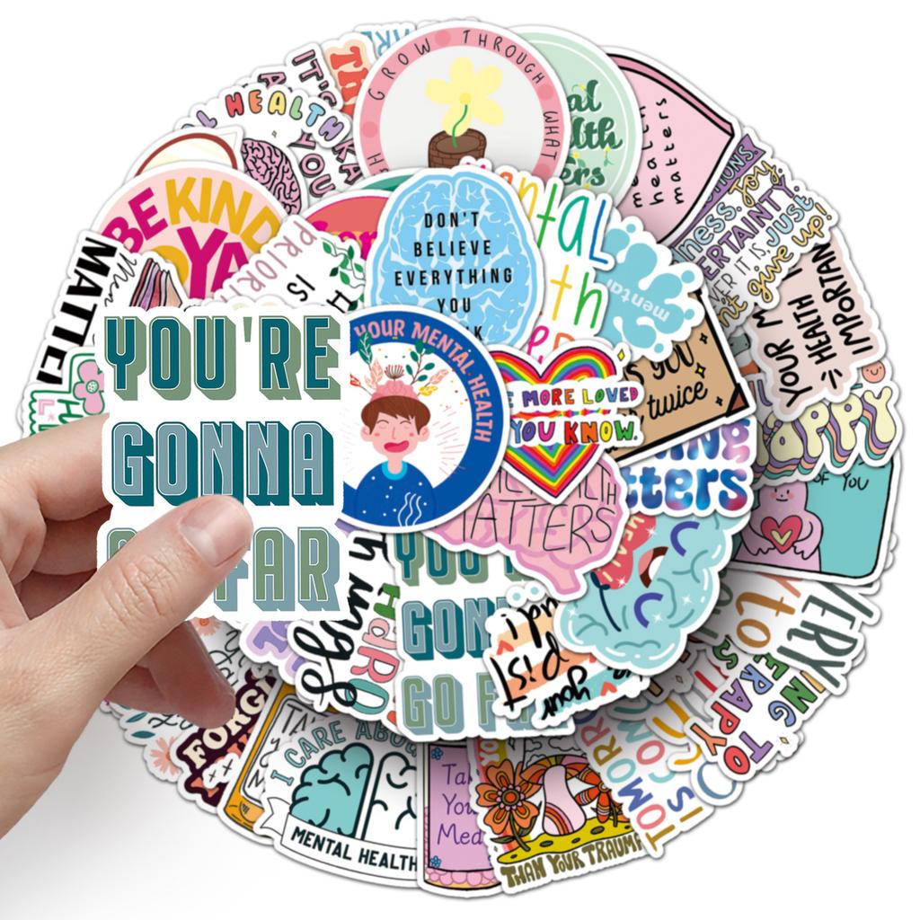 50 Mental Health Doodles Personalized Prevention of Depression English Slogan Decorative Mobile Phone Case Suitcase Stickers