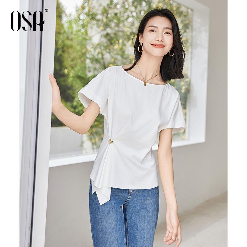 

OSA off-Neck Women s Summer Pinch Pleated Casual Short Sleeve White XS