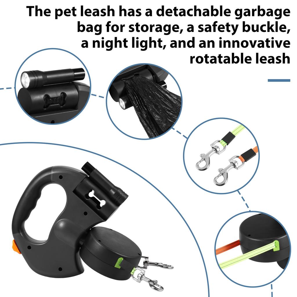 2 IN 1 Retractable Dog Leash 3M Reflective Dog Walking Leash with Light and Garbage Bag Compartment for Small Medium Dogs