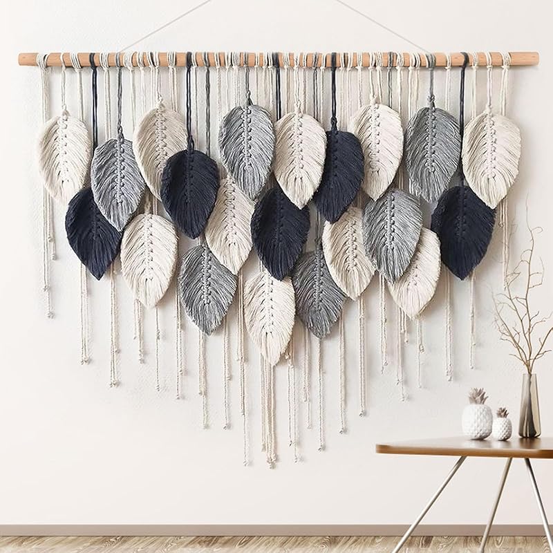 Weldomcor Macrame Wall Hanging Leaf Woven Tapestry Bohemian Chic Wall Hanging Feather Large Handmade Wall Art Decor for Bedroom Living Room Apartment