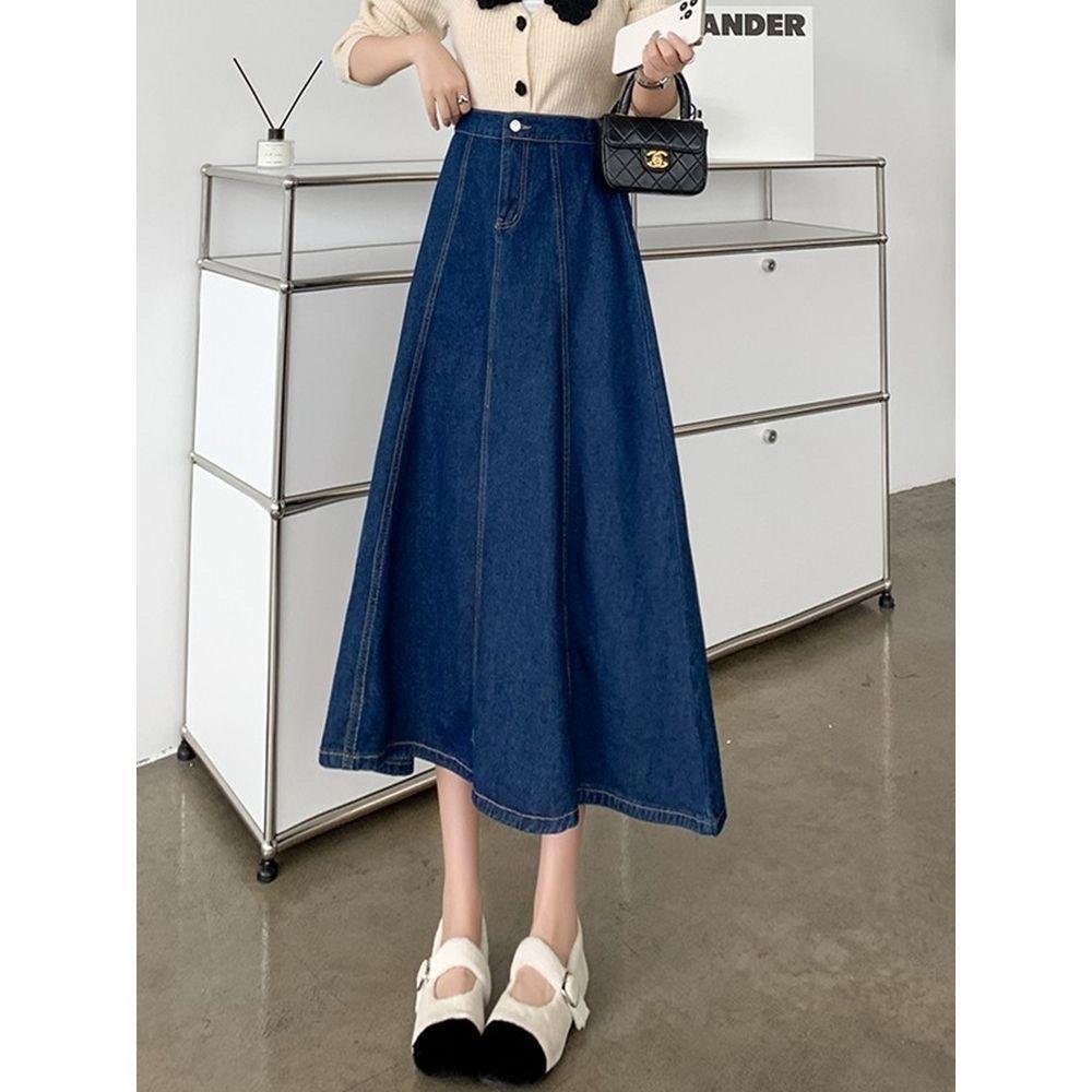 Spring Autumn Women's Fashion High Waist Casual Denim Skirt Mid-length A-line Skirt