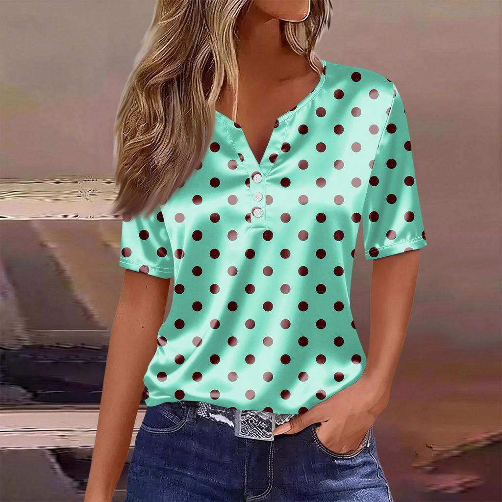 Women's Fashionable Casual Plaid Polka Dot Print Collar Short-sleeved Button T-shirt Top