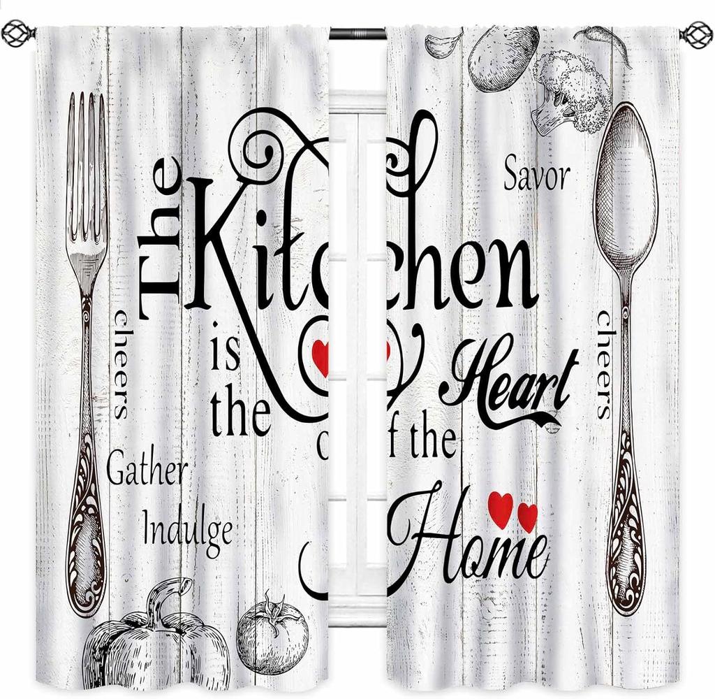 Rustic Kitchen Curtains,Retro Fork Spoon Wooden Plank Farmhouse Country Cooking Theme Funny Quotes Window Treatment for Bedroom