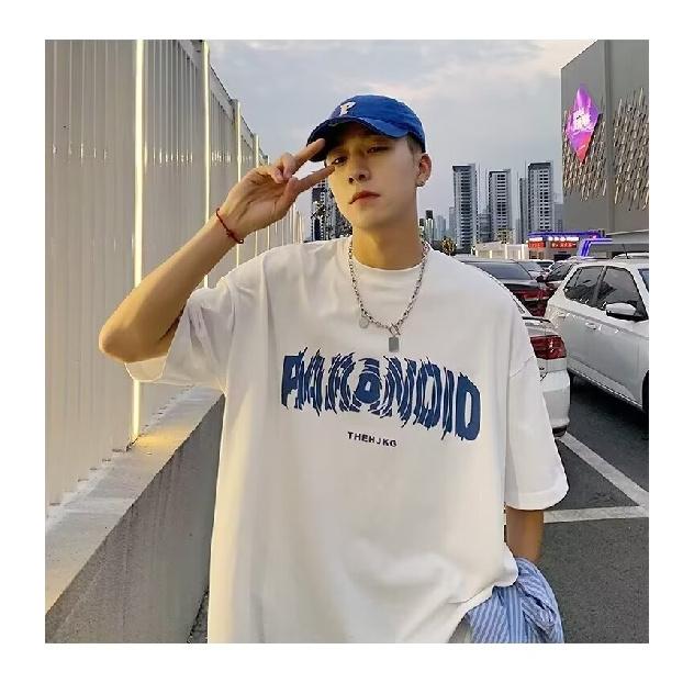 Men'S Trendy Letter Round Neck Printed Short Sleeved T-Shirt For Summer Ins Loose Casual Top