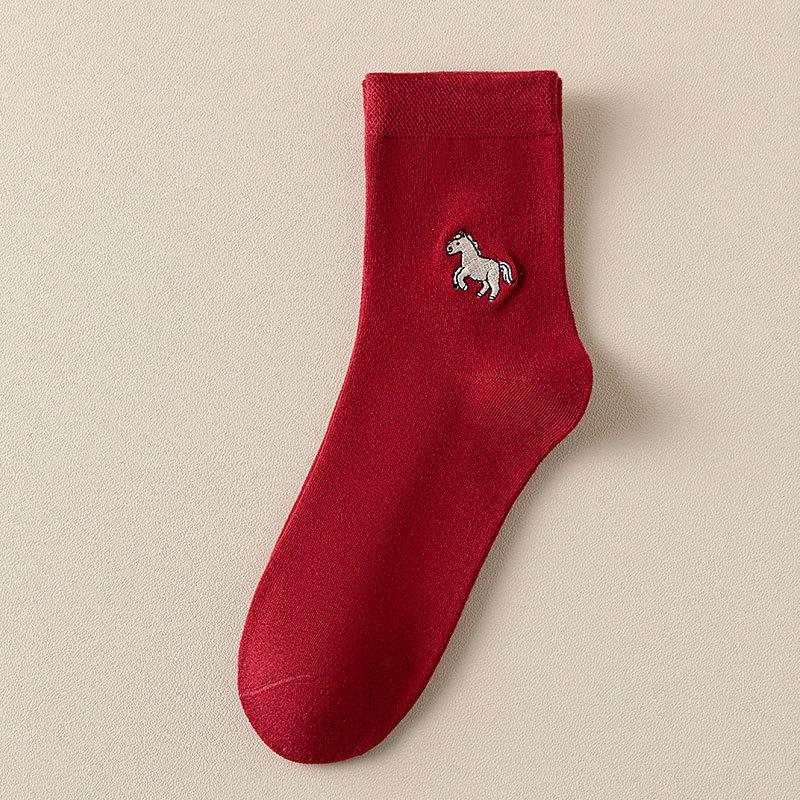 Red Wine Color Socks - Men s and Women s Embroidered Red Plum-colored Socks for Couples, Festive Wedding Use, Deep Red Cotton Socks 1 pair men