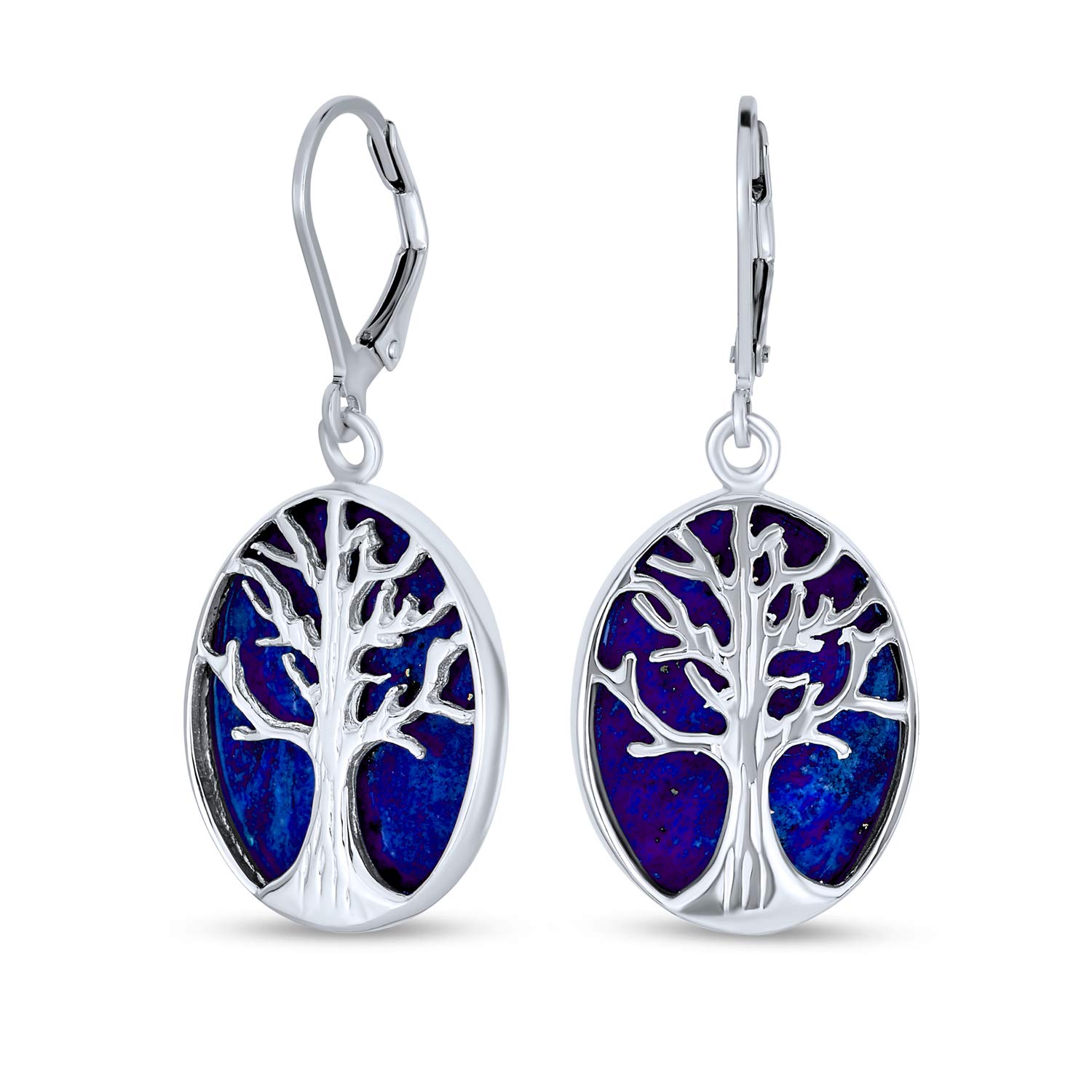 

Large Oval Gemstone Blue Lazuli Leverback Family Tree of Life Dangle Earrings Western Jewelry for Women Sterling Silver .925 синій