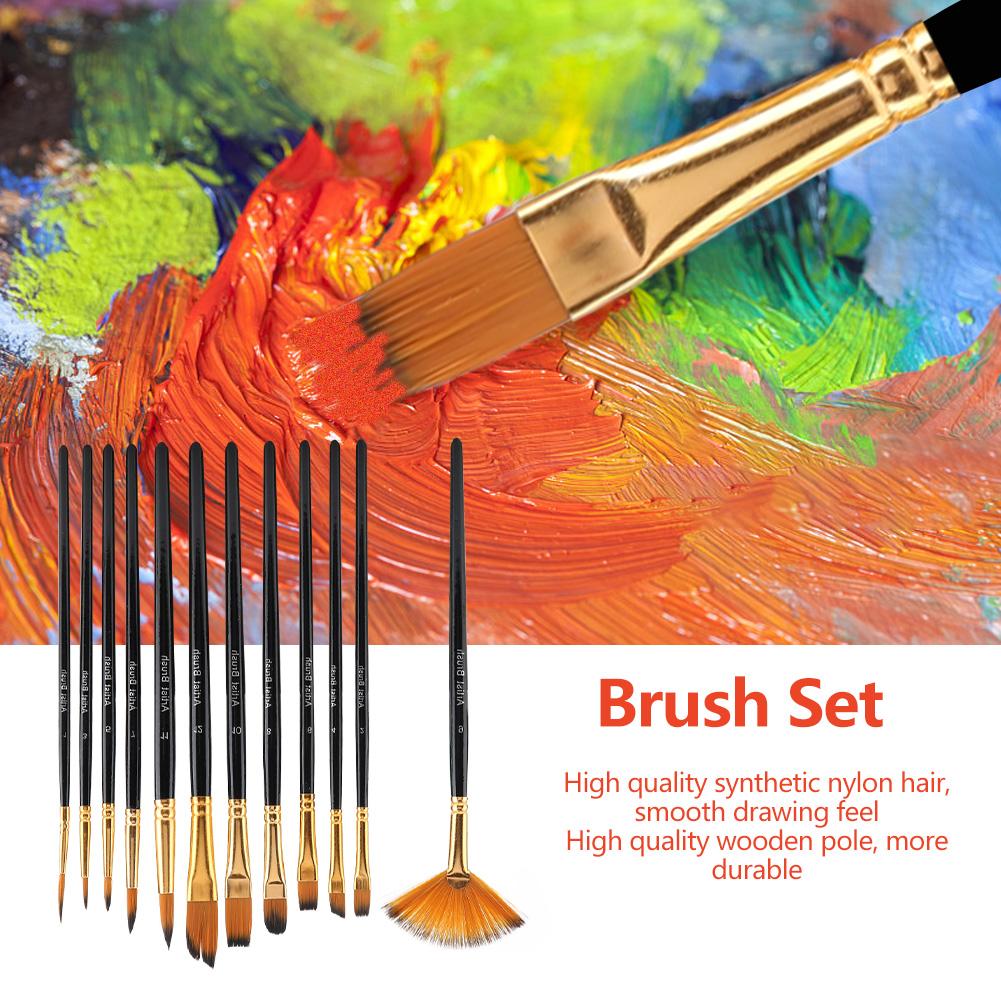 12pcs Black Wooden Pole Nylon Hair Paint Brush Set Art Craft Painting Watercolor Brush Kit