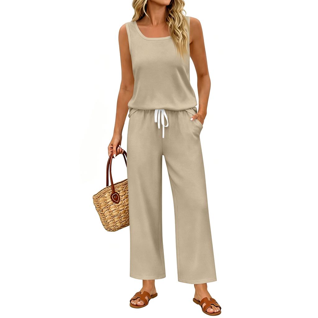 Women Sleeveless Tank Top and Wide Leg Pants Two Piece Set Casual Loose Fit Lounge Wear Suitable for Travel Vacation and Home Relaxation