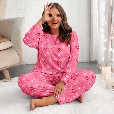 Ensemble pyjama deux pièces pour femme style européen et américain, manches longues, pantalon long, pour le printemps et l'automne, grande taille, vêtements d'intérieur, adapté pour l'extérieur