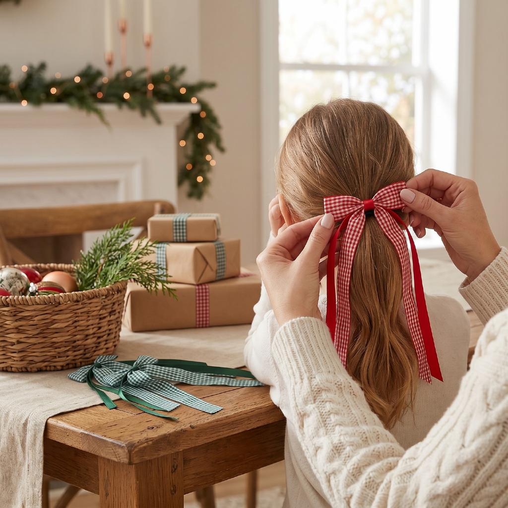 2 Pairs Gingham Hair Bows Scrunchies with Satin Ribbon Polyester Gingham Bow Hair Ties