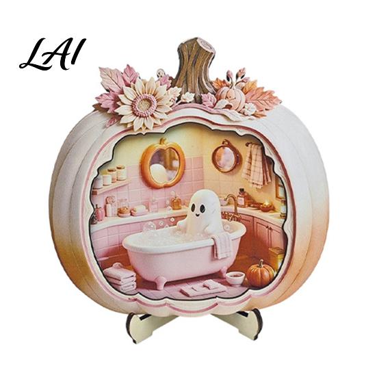 Indoor Fall Tabletop Centerpiece Halloween Ghost Pumpkin Wooden Plaque 2D Flat Sign Gift for Lovers Spooky Bathing Reading Ornament Home Office
