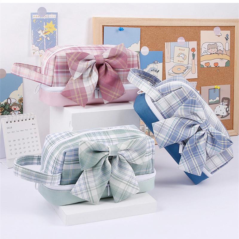 Large-capacity Double-layer Pencil Case Japanese Canvas Student Girl Heart Lattice Plaid Pencil Case Cute Bow Gifts for Girls