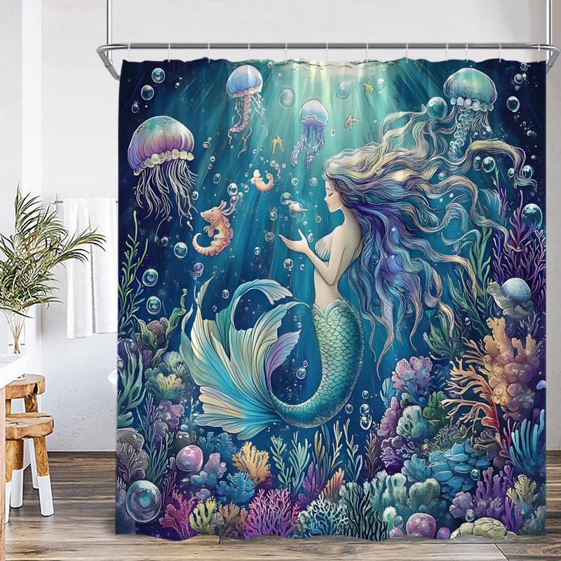Ocean Mermaid Shower Curtains Sea Waves Cosmic Starry Sky Sunset Scenery Modern Fabric Home Bathroom Curtain Decor With Hooks