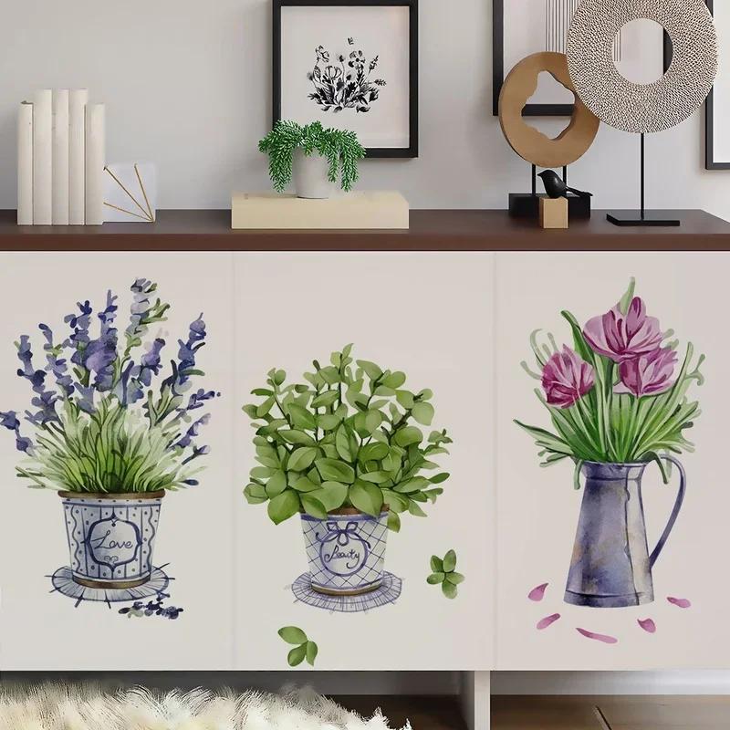 3pcs Watercolor Flower Pots Wall Sticker for Kitchen Home Garden Decor Furniture Decoration Living Room Accessories Posters