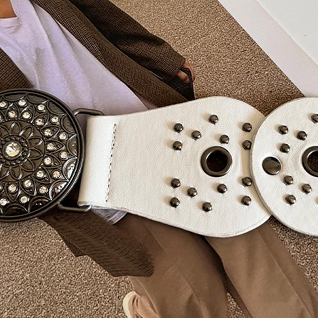Women Belt for Jeans Skirt Hollowed Round Disc Wide Waist Belt Subculture Pants Belt with Large Eyelet Clothing Decors