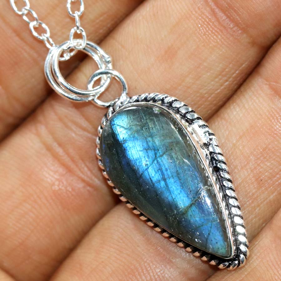 Pretty Fiery Labradorite 925 Silver Plated Necklace 18" Superb Jewelry Trendy V7L99