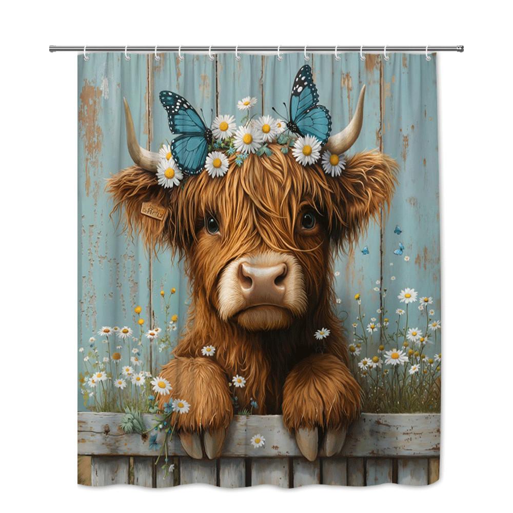 Schattige Schotse Hooglander Douchegordijn Margrietbloemen Vlinders Rustieke Boerderij Kunst Decor Speels Badkamerontwerp Waterdicht niet-giftig