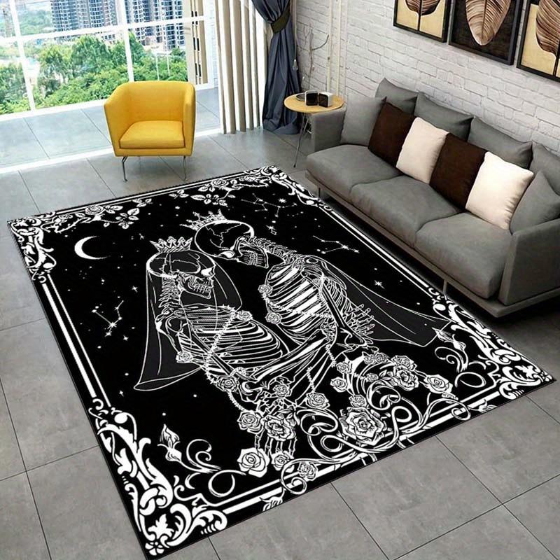 Romantic Skeleton CoupleRug forGothic WeddingDecorBlack and White Skull CarpetDark RomanceAnti slip carpet can be machine washed