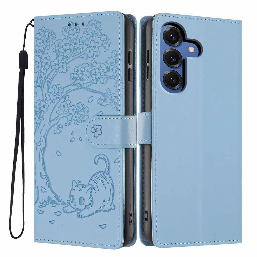 For Samsung Galaxy A37 5G Stand Case Tree-and-Cat Pattern PU Leather Wallet Protective Phone Cover with Wrist Strap