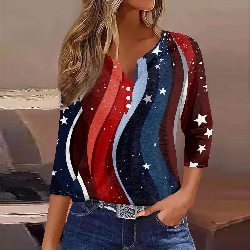 Damen T-Shirt mit Aufdruck, Knopfleiste, 3/4-Ärmel, modisch für den Alltag und das Wochenende, Basic, V-Ausschnitt, normales Oberteil