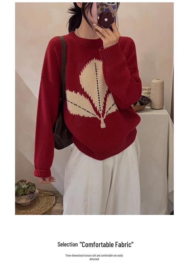 Red Bow Embroidery Knit Top: Women's Round Neck Long Sleeve, 2025 Autumn/Winter Fashion