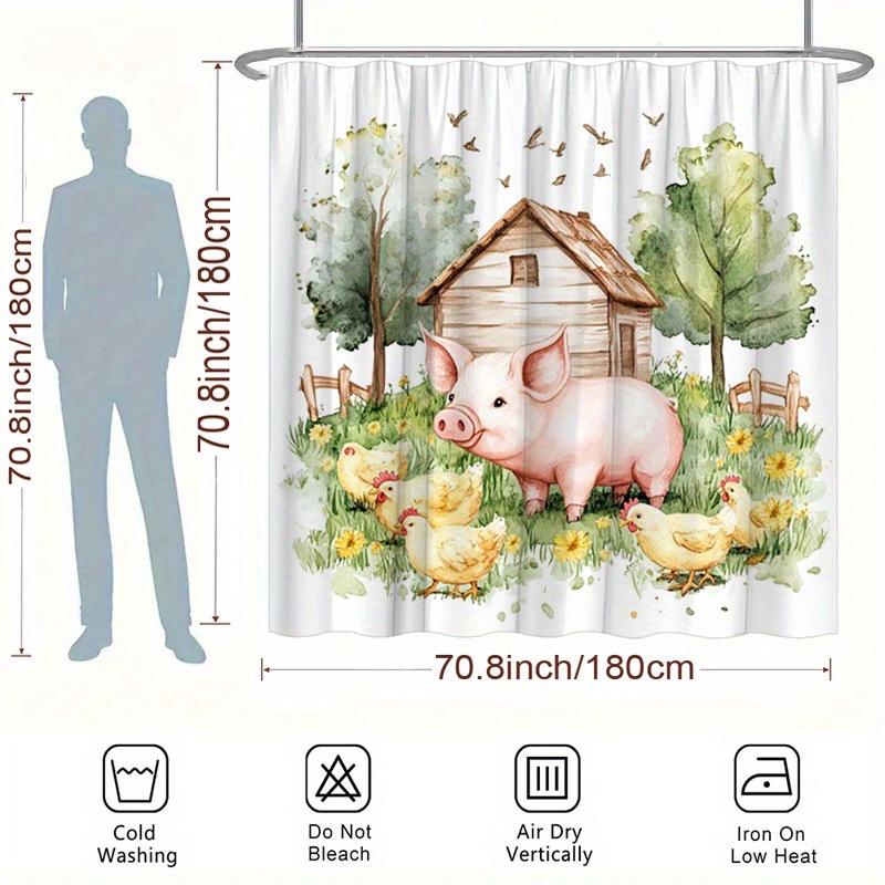 Pig & Chickens Shower Curtain - Farm Scene, Polyester, 12 Hooks, 70.8x70.8 Inches, Washable
