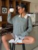 Womens Striped Button Polo Collar Long Sleeve Casual Loose Sweatshirt