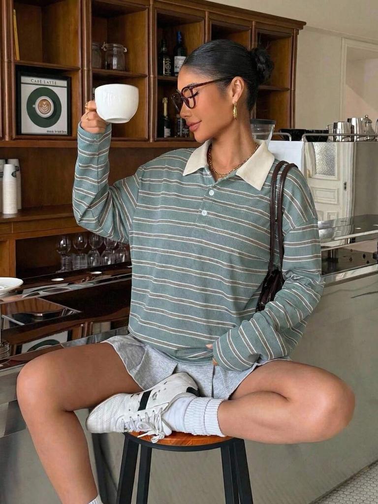 Womens Striped Button Polo Collar Long Sleeve Casual Loose Sweatshirt